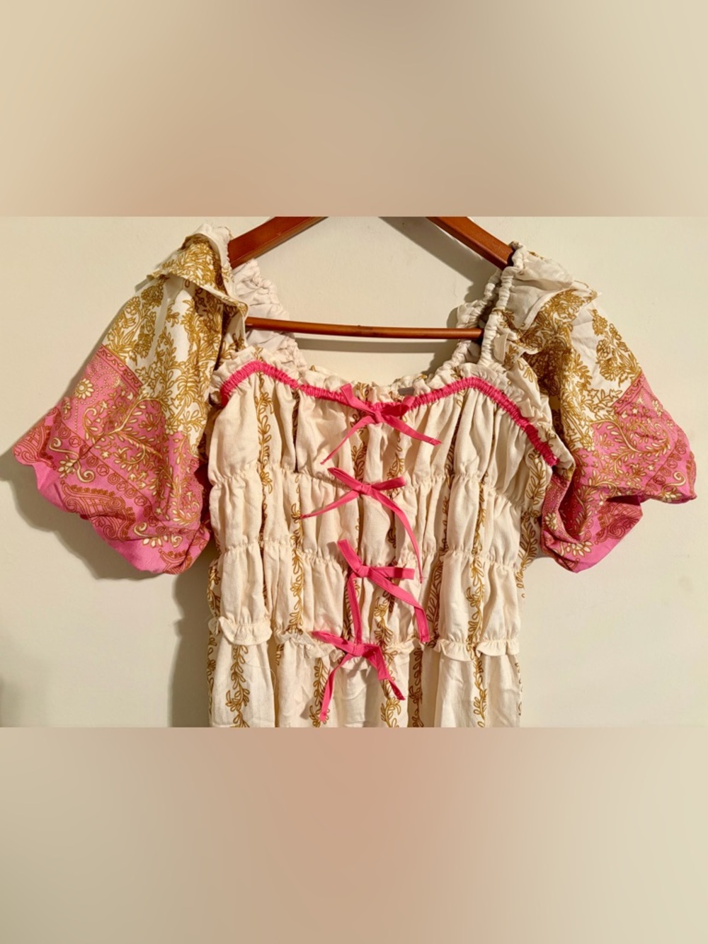 NWT Umgee Cream Dress w Pink & Gold Sz M Bows Cottagecore Boho Milkmaid Romantic - Picture 2 of 11